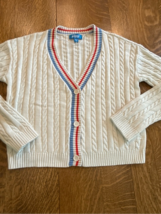 Prince Sweaters - Prince Cream Cable Knit Cardigan with Red & Blue Stripe Trim